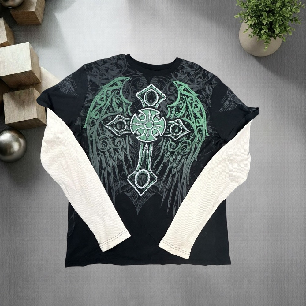 Vintage MMA Elite Y2K Graphic Cross Wing Layered Long Sleeve Shirt Black Green L